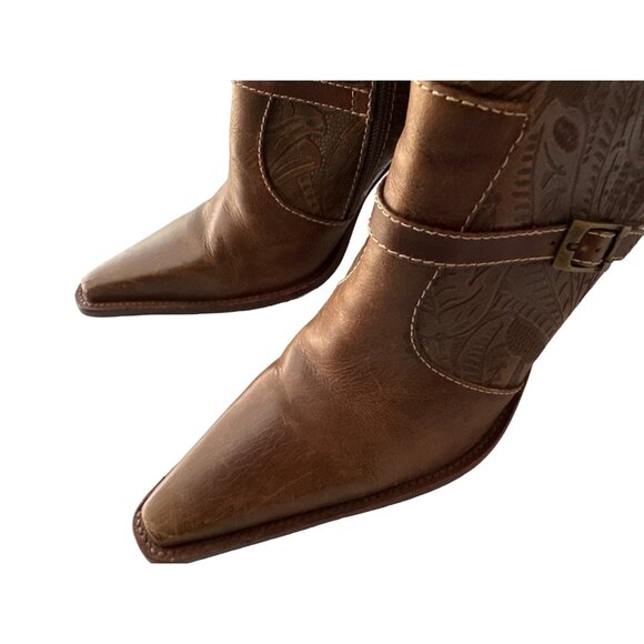 Worthington Brown Embossed Leather Boots Pointed Toe Zip Strap Buckle Size 9.5 - Picture 6 of 10